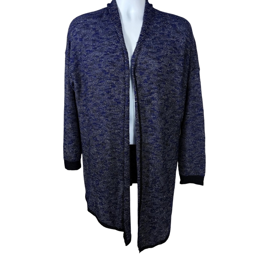 Eileen Fisher Blue Black Marled Linen Blend Open Front Cardigan Sweater Womens L
